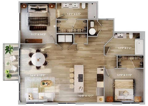 A floor plan of a house with a living room, kitchen, and two bedrooms.